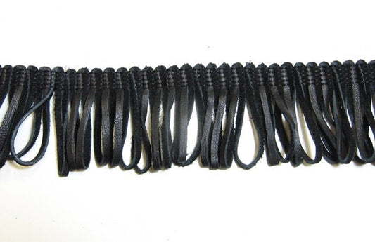 Genuine Leather Looped Fringe 1/8" flat x 2". QTY: 1 Foot (12") LF2500125D9 Black Climax/Black Duquessa